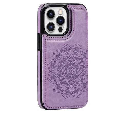 Etui til iPhone 14 lilla dobbelt spænde præget mandala læder dobbelt beslag kortholder