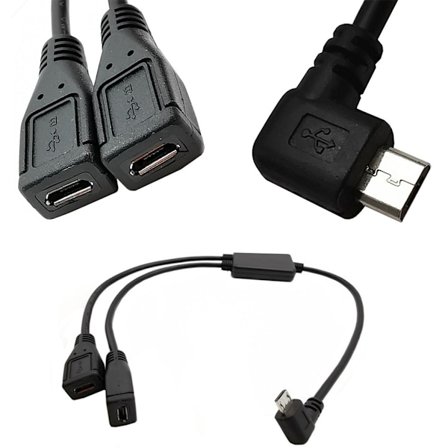Micro USB 5 pins hann til 2 kvinnelig Y splitterkabel, lader, venstre / høyre vinkel