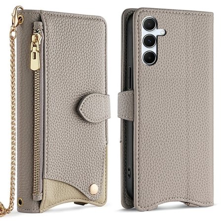 SKALO Samsung A56 5G Litchi Makeup Mirror Chain Flip Cover - Grå