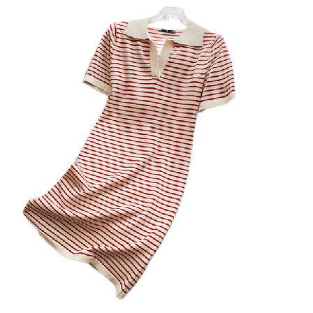 Randig V-ringad T-shirt-klänning (röd, one size)