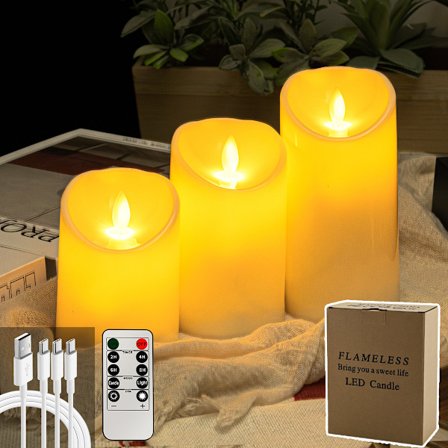 3 stk. Oppladbare lys uten flamme, LED-lys med myk flimring