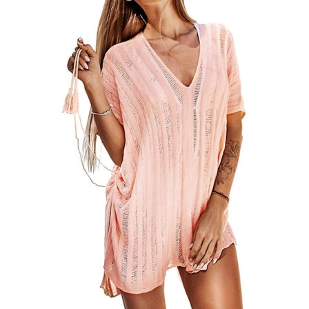 Kvinnor Sticka Stripe V-hals Virkad Kortärmad Tie Side Cover Up Pink