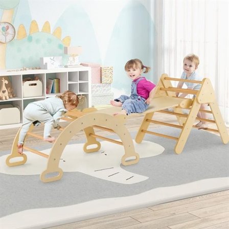 3-i-1 klätterställning för barn i trä – triangel, båge och ramp