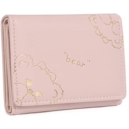 Kawaii plånbok för flickor söt björn korthållare arrangör vegansk läder trifold dam plånbok, björnomslag rosa