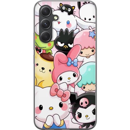 Kompatibelt Mobildeksel til Samsung Galaxy A55 Tett mønster av søte figurer med store øyne i ulike farger og uttrykk med LABUBU-tekst