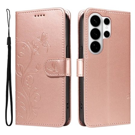 Samsung Galaxy S26 Ultra Plånboksfodral Konstläder Blommönster - Roséguld