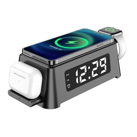 Trådlös laddare med digital väckarklocka, laddstation kompatibel med Iphone/iwatch/airpods