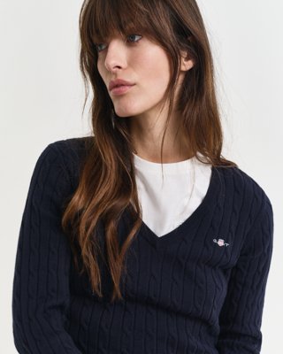 GANT - Kabelstrikket bomullsgenser med stretch og v-hals til dame evening blue