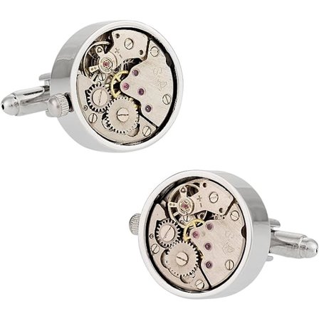 Mansjettknapper med urverk i steampunk-stil med glassdeksel – sølv