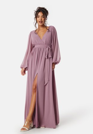 Goddiva - Long Sleeve Chiffon Dress - Dusty Lavender S - Kläder - - Bubbleroom