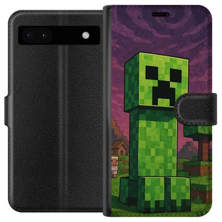 Yhteensopiva Lompakkokotelo Google Pixel 6a Blockig grön figur i pixlad fantasivärld med träd hus och djur i retro spelmiljö