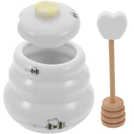 Keraaminen hunajapurkki kepillä, keraaminen hunajapurkki kannella, mehiläishunajapurkki, keittiösäiliö (7.00X6.00X6.00CM, valkoinen)