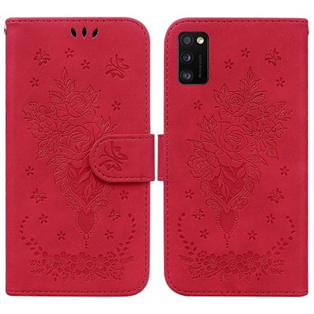 Til Samsung Galaxy A41 Sommerfugl Rose Præget Læder Telefon Cover