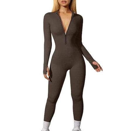 Kvinnors Långärmad Ribbad Jumpsuit med Blixtlås Framåt Tränings Bodycon Romper