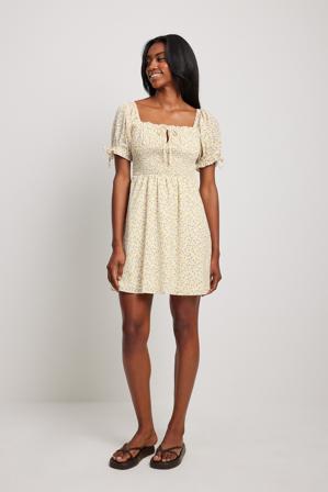 NA-KD Boho Robe mini à manches bouffantes - Robes courtes - Jaune,Flower - EU 42