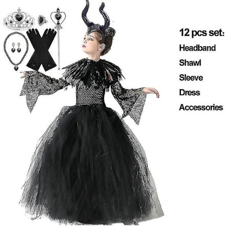 * Halloween Costume Maleficent Tutu Klänning För tjejer Cosplay Evil Queen Black Mesh Princess Dress Kids Crow Wand Maleficent