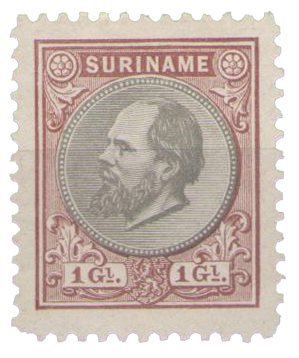 Suriname - 1 gld bruin en grijs Willem III (nr. 14, ongebruikt)