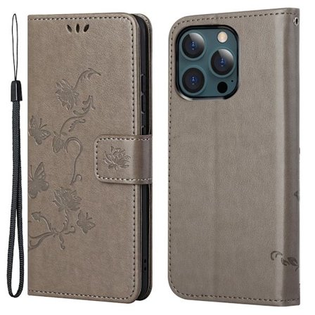 Läderfodral Fjärilar iPhone 13 Pro Max Grå