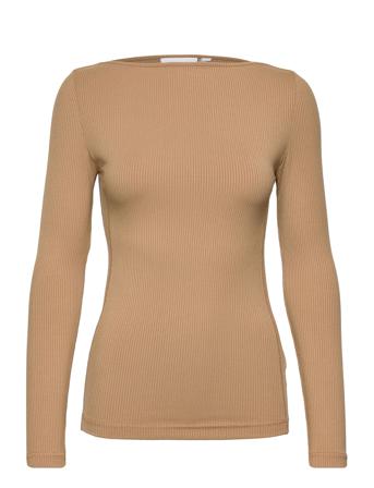 Modal Rib Razor Neck Jersey Top Langærmet T-shirt Brun Calvin Klein