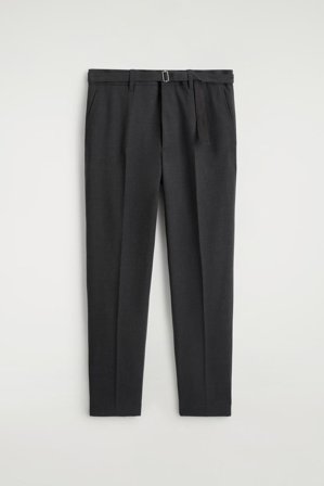 COS Men's Belted Wool-Blend Slim Trousers in Grey