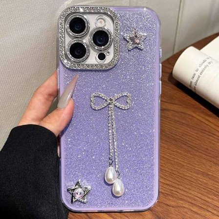 iPhone 16 Pro Skal med Solid Färg Glitter Pulver och Rhinestone Fringed Design