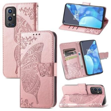 Oneplus 9 Pro Plånboksfodral Pu-läder 4-fack Motiv Fjäril Rosa Guld