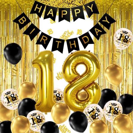 18 år svart gull bursdagsdekorasjon, gratulerer med dagen banner, h