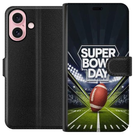 Yhteensopiva Lompakkokotelo Apple iPhone 16 Super Bowl Day juliste, jossa amerikkalainen jalkapallo valaistuksella varustetulla areenalla dramaattises