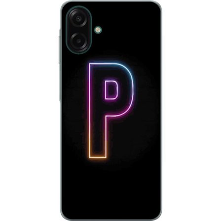 Kompatibelt Mobildeksel til Samsung Galaxy A07 4G Minimalistisk neonbokstav P i fargegradering og lyseffekt mot svart bakgrunn i digital neonstil