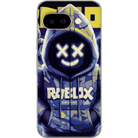 Kompatibelt Mobildeksel til Google Google Pixel 9a Blågul Roblox hettegenserfigur med minimalistisk neonstil og masket ansikt, moderne spillillustras