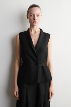 COS Women's Shawl Collar Belted Linen Blend Waistcoat in Black