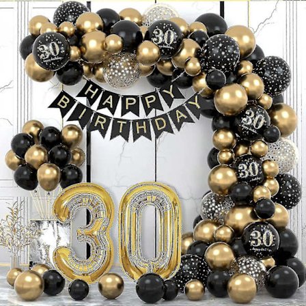 30-årsfestdekorationer för kvinnor, Grattis på födelsedagen Girlang Ballong Svart Guld Dekoration