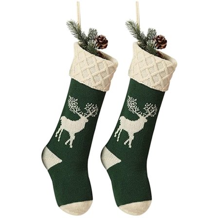 2-pack 45 cm Extra Långa Handstickade Julstrumpor - Grön Ren Design Julstrumpor för Familjens Högtidsperiod Öppen Spis