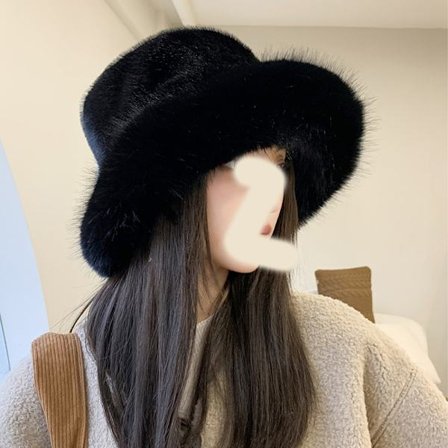 Fuskepels fluffy bøttehatt, varm lue, svart