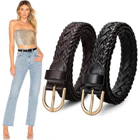 2-delt damebælte, fint vævet bælte, jeans, lange bukser, kjole, casual vævet bælte (105cm) - Sort, Kaffe
