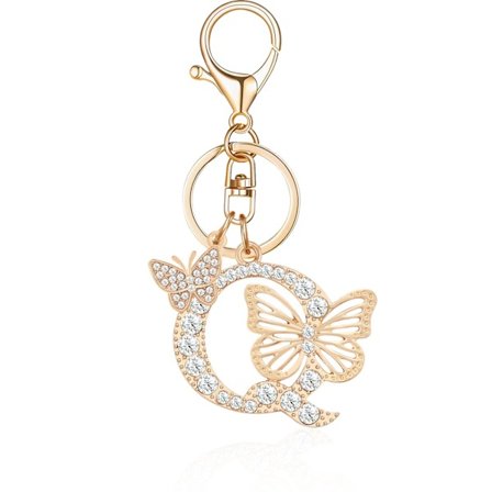 Gullbelagt nøkkelring med initial, nøkkelring for kvinner, krystallnøkkelring for jenter, egnet for lommebøker, ryggsekker og som et smykke.