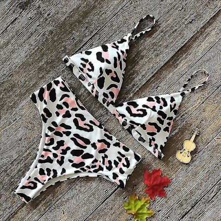 Grafiskt print för damer Bikini Set Camisole Baddräkt med hög midja leopard print L