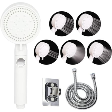 Högtrycks Vattenbesparande Duschmunstycke, 5 Lägen Justerbart Badrumsduschmunstycke, Anti-Kalk Duschmunstycke med Stopp, Lätt att Installera (Vit-B)