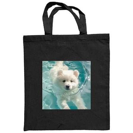 Stoffpose Søt valp som svømmer i bassengvann hvit valp blå turkis bakgrunn sommerillustrasjon trykk kunst