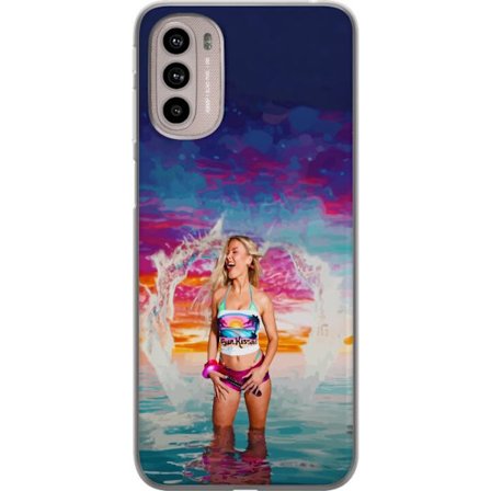 Kompatibel Mobilcover til Motorola Moto G41 Blond kvinde i farverigt strandtøj, der leger i havet ved solnedgang