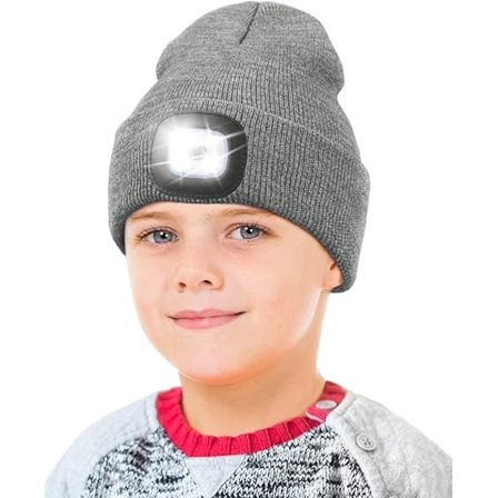 Hue med LED-lys til børn, USB-genopladelig håndfri LED-pandelygte vinterstrikket nat-hue lommelygte grå_jar