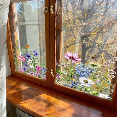 Värikkäät Kukat & Perhoset Kaksipuoliset Ikkunatarrat – Itsekiinnittyvä Lasikoriste Kotiin (Läpinäkyvä Muotoilu)