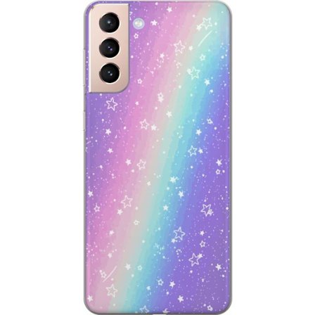 Kompatibel Mobilcover til Samsung Galaxy S21 Rainbow-farvet pastelbaggrund med hvide stjerner og glitrende prikker i blød overgang