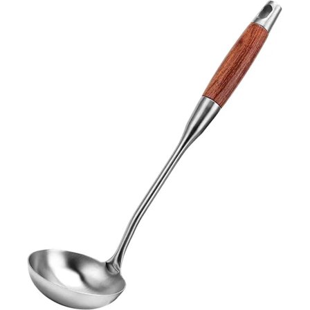 304 Rostfritt Stål Soppslev, Kraftig Kökslev med Värmebeständigt Trähandtag Lång Soppsked för Soppor, Grytor, Sås