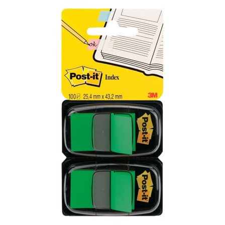 POST-IT Indexflikar, medium, 25,4 x 43,2 mm gröna 2 x 50 dubbelpack med hållare 680-G2EU - Lyreco - Kontorsmaterial - Indexflikar och märkflikar - 