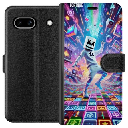 Google Pixel 7a Lommeboketui Marshmello danser i et neonbelagt digitalt landskap der farger, symboler og teknologi flyr rundt og skaper futuristisk en