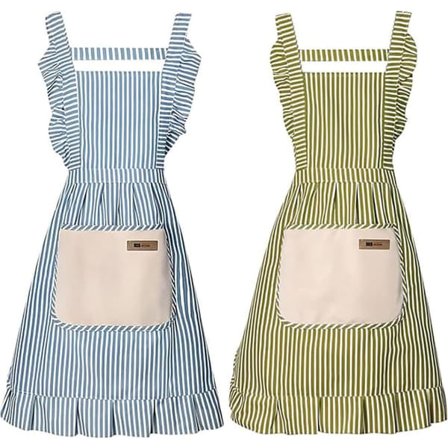 Tvådelade köksförkläden för dam/flickor, justerbara axelband, bomull-linneblandning, med spetsfickor