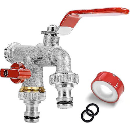 Hagekran, Dobbel Uttak Kran 1/2 Messing Kran Rust- og Frostbestandig Med 2x 3/4 Uttak + 1x Rullepakningstape, Dobbeltforbindelse Og Slangehale Fo