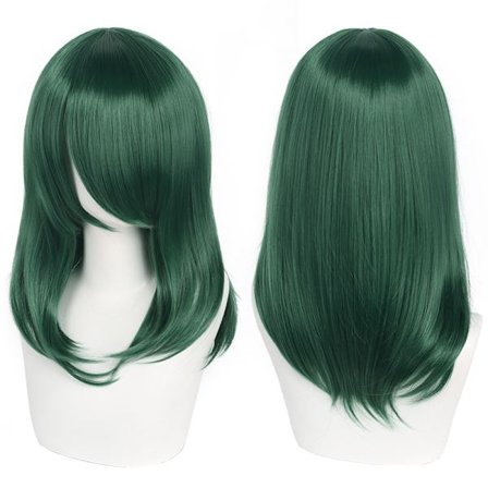 Anime-hår paryk til cosplay med pandehår, mellemlang 40 cm, mørkegrøn