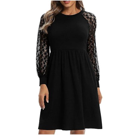 Kort Kjole Rund Hals Blonde Splejsning Moderigtig Elegant Dame Casual Kjole til Fødselsdag Sort S